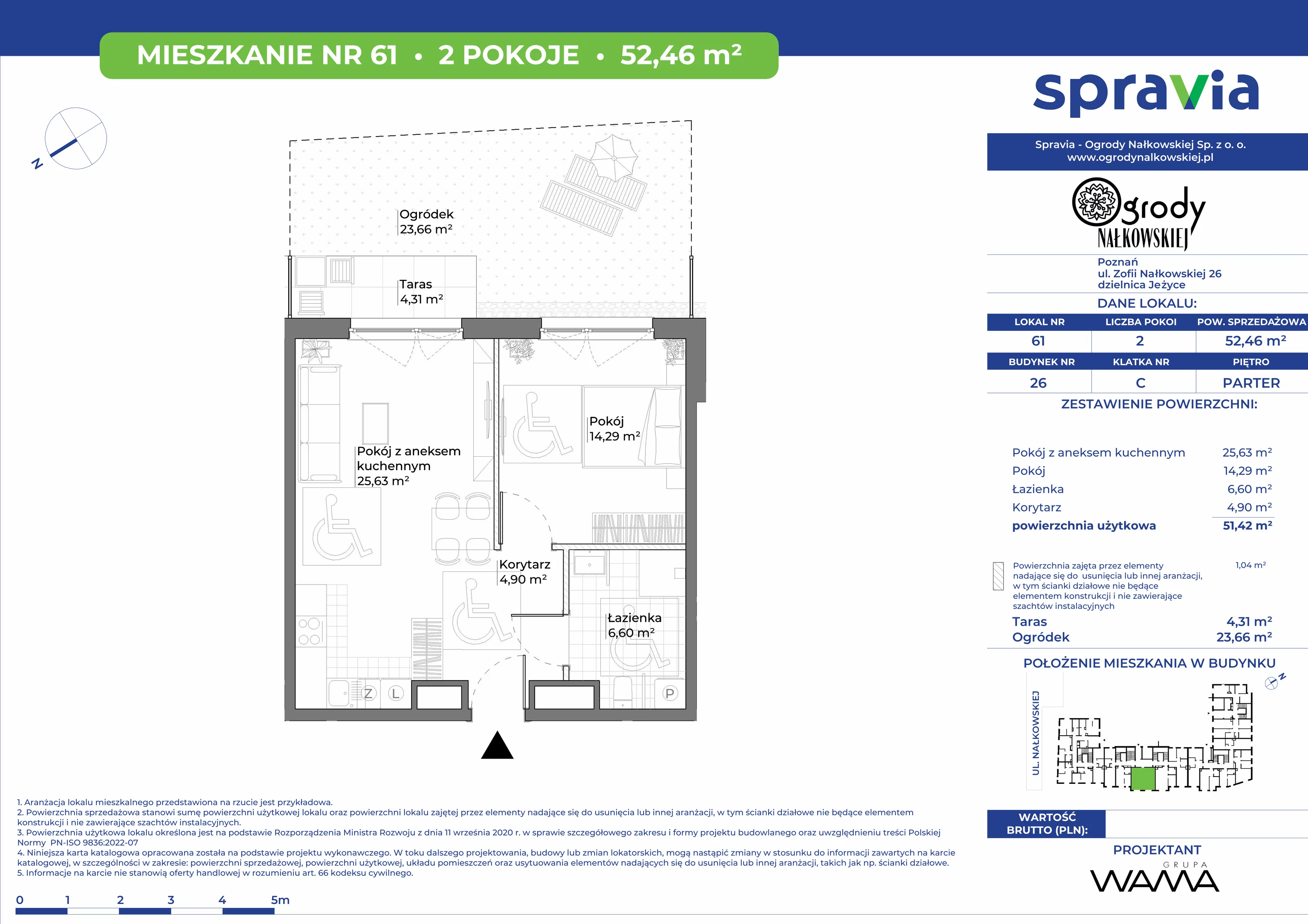 2 pokoje, mieszkanie 52,46 m², parter, oferta nr 26-61, Ogrody Nałkowskiej, Poznań, Ogrody, ul. Nałkowskiej 24, 26